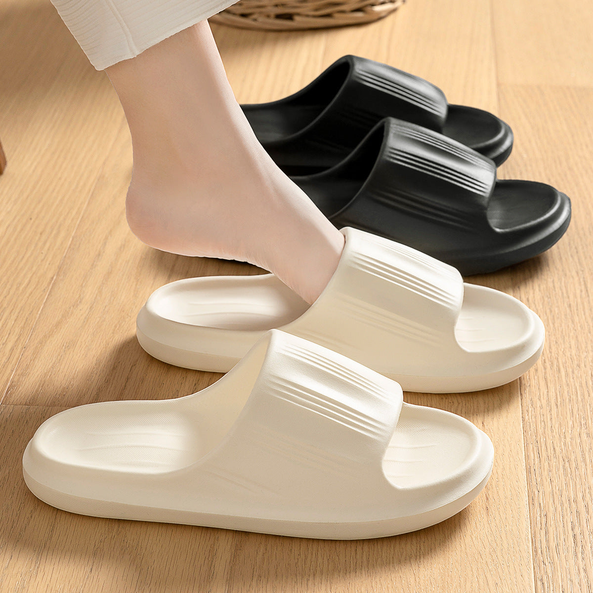 Solid Peep-Toe Slippers Summer Indoor Anti-Slip Floor Bathroom Home Slippers Couples House Shoes